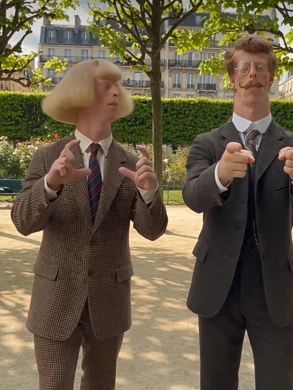 Two AI gentlemen in tweed suits in a Paris park