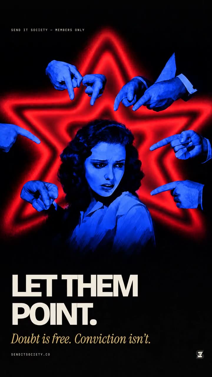 Direction B example: woman inside a neon star surrounded by pointing hands, Let them point.