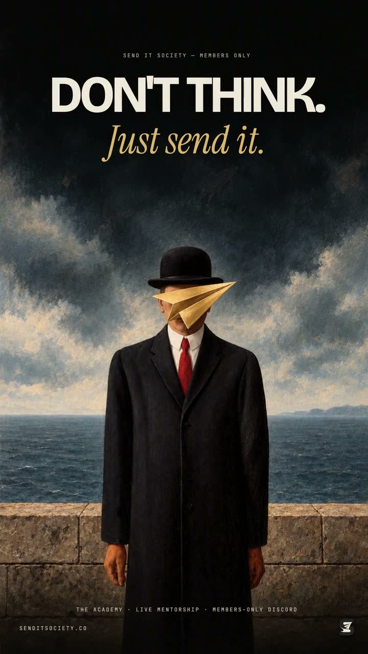 Direction C example: man in a bowler hat with a paper plane over his face, Don't think.