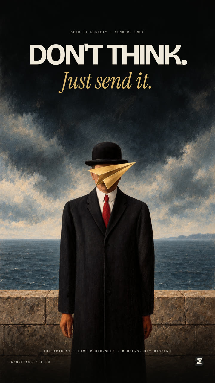 Brand poster: man in a bowler hat with a paper plane over his face