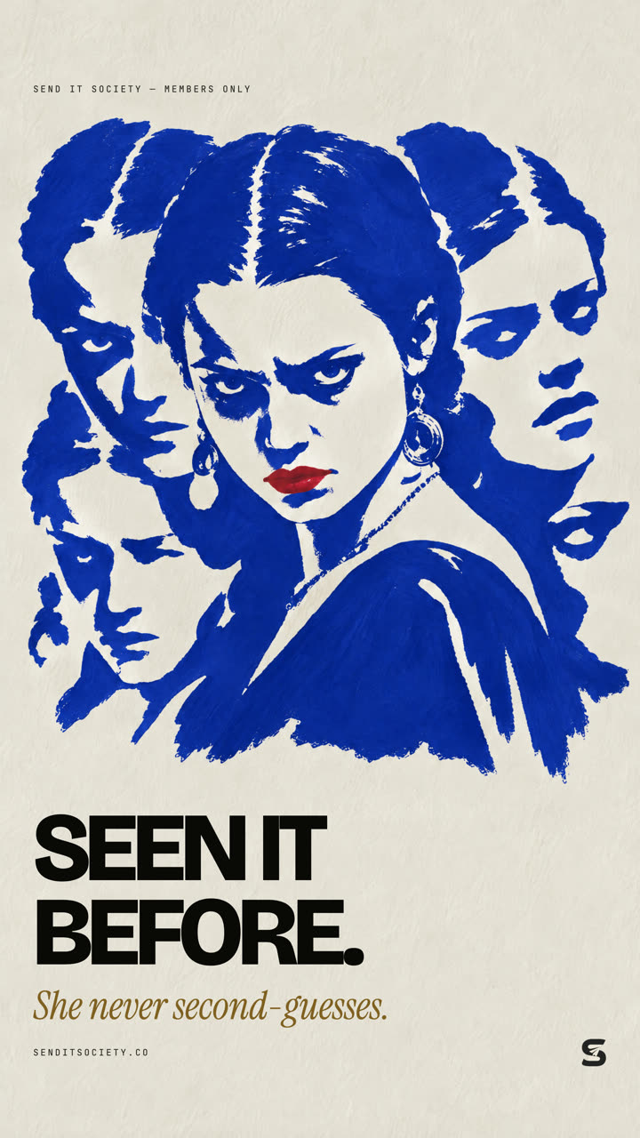 Poster: repeated blue portraits, 'Seen it before.'