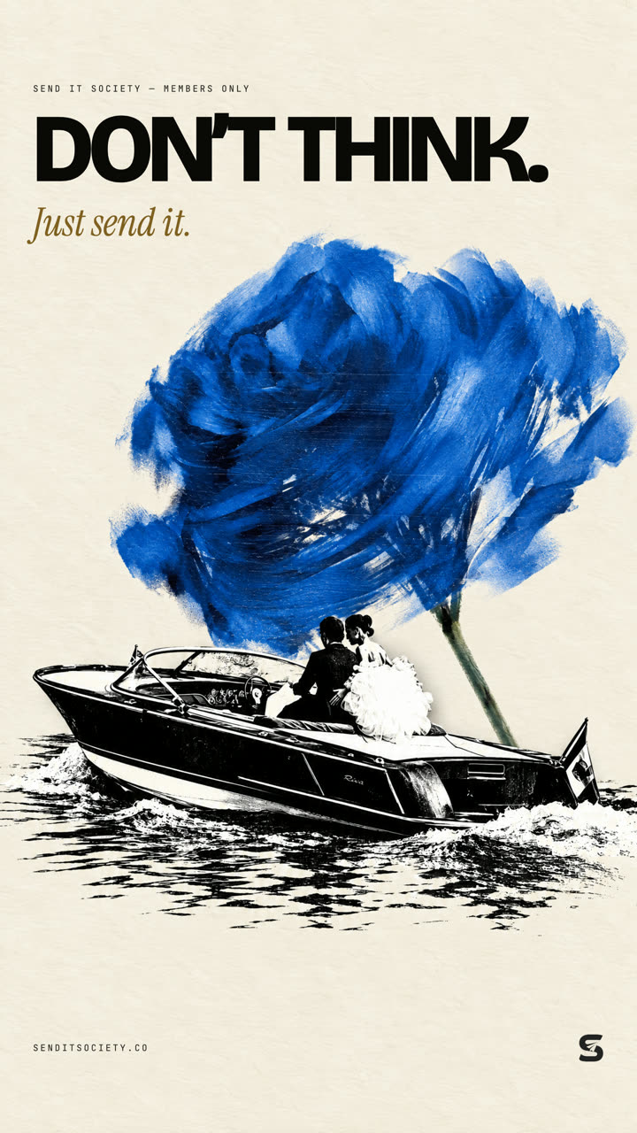Poster: blue ink rose over a speedboat, 'Don't think.'