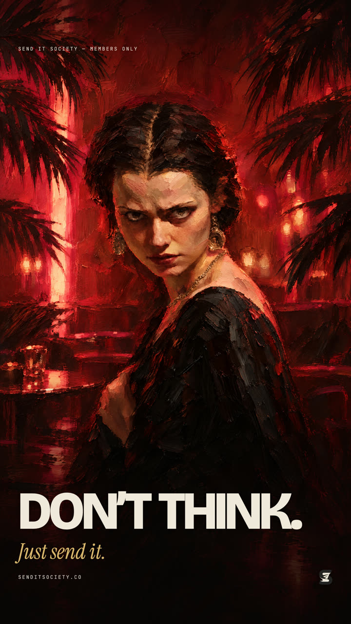 Static ad: woman in a red-lit lounge, 'Don't think. Just send it.'