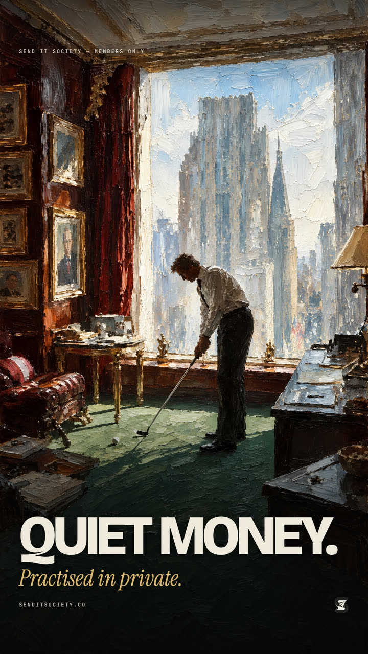 Direction A example: man putting in a wood-panelled office, Quiet money.