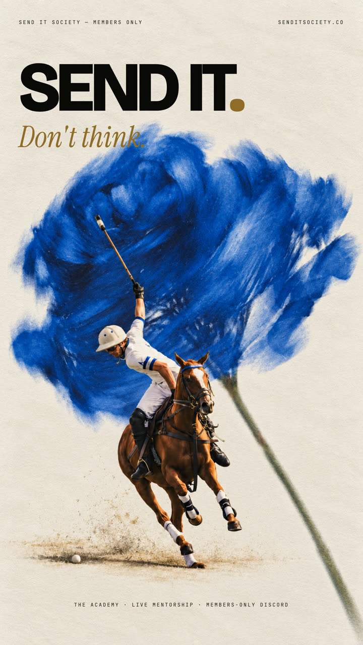 Poster: polo rider under a blue rose, 'Send it.'