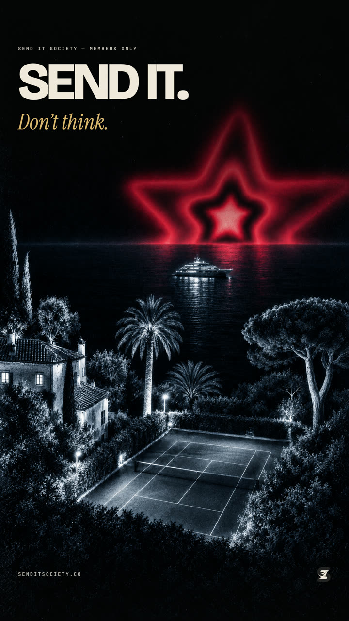 Poster: neon star over a night tennis court, 'Send it.'