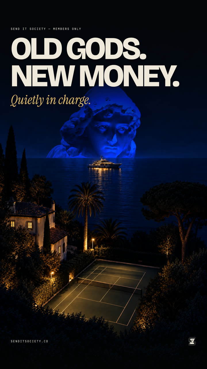 Poster: statue over a coastal court at night, 'Old gods. New money.'